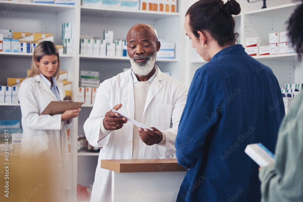 Pharmacy, customer or mature pharmacist explain prescription paper, medicine information or healthcare receipt. Store clinic, hospital conversation or black man consulting patient over medical choice