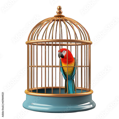 Birdcage with parrot inside isolated on white created with Generative AI