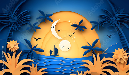 Illustration of ocean ship sunset in the evening with boat. Beautiful sunset seascape, paper cut and craft