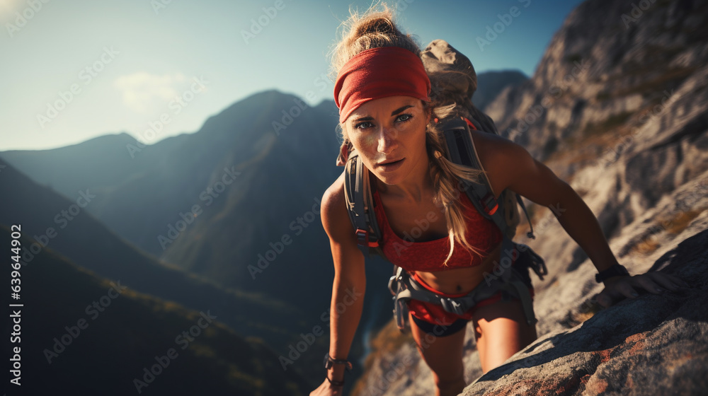 beautiful girl blonde climber climbs the mountain front view generated by AI - obrazy, fototapety, plakaty 