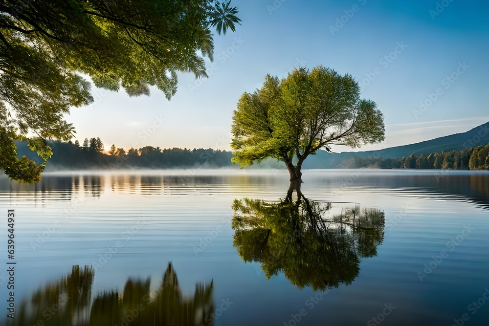 Fresh young leaves on a branch touching water surface(in the horizontal composition) and forming together with reflection a heart symbol Fresh young leaves on a branch touching water surface(in the horizontal composition) and forming together with reflection a heart symbol