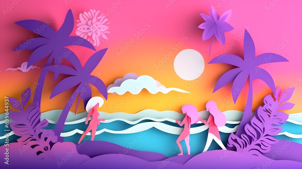Romantic Illustration of ocean sunset in the evening with girls. Paper cut and craft style illustration.