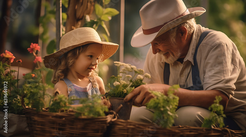 Grandfather shows his granddaughter how to take care of the garden and plants.Created with Generative AI technology. © MP Studio