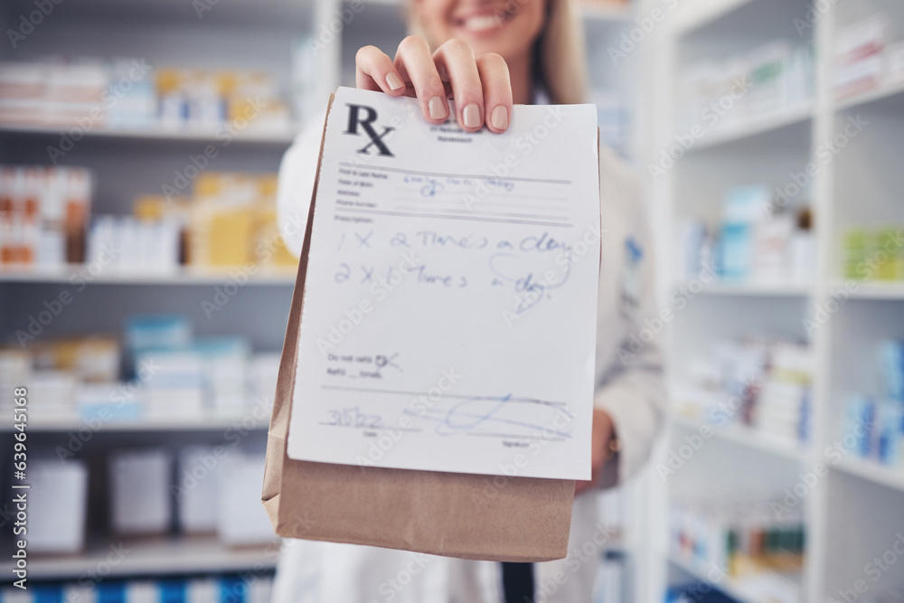 Woman, pharmacist and hand with paper bag for prescription, note or doctor certificate at pharmacy. Closeup of female person or medical professional giving medication or pharmaceutical at drugstore - obrazy, fototapety, plakaty 
