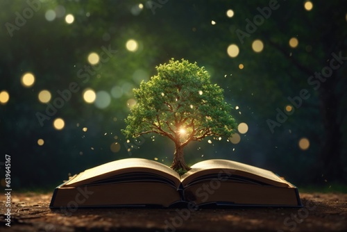 Book or tree of knowledge concept with an oak tree growing from an old open book.