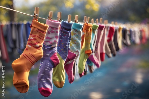 Colorful socks on washing line background