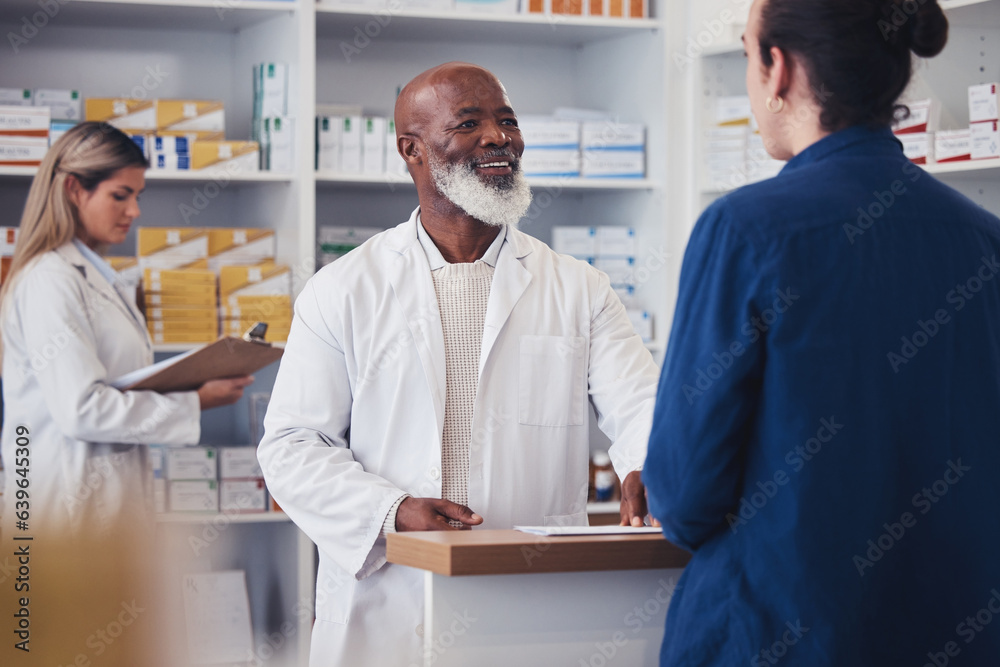 Pharmacy customer, happy and mature pharmacist help client with shop service, medicine support or healthcare supplement. Store clinic, hospital or expert consulting patient with pharmaceutical choice