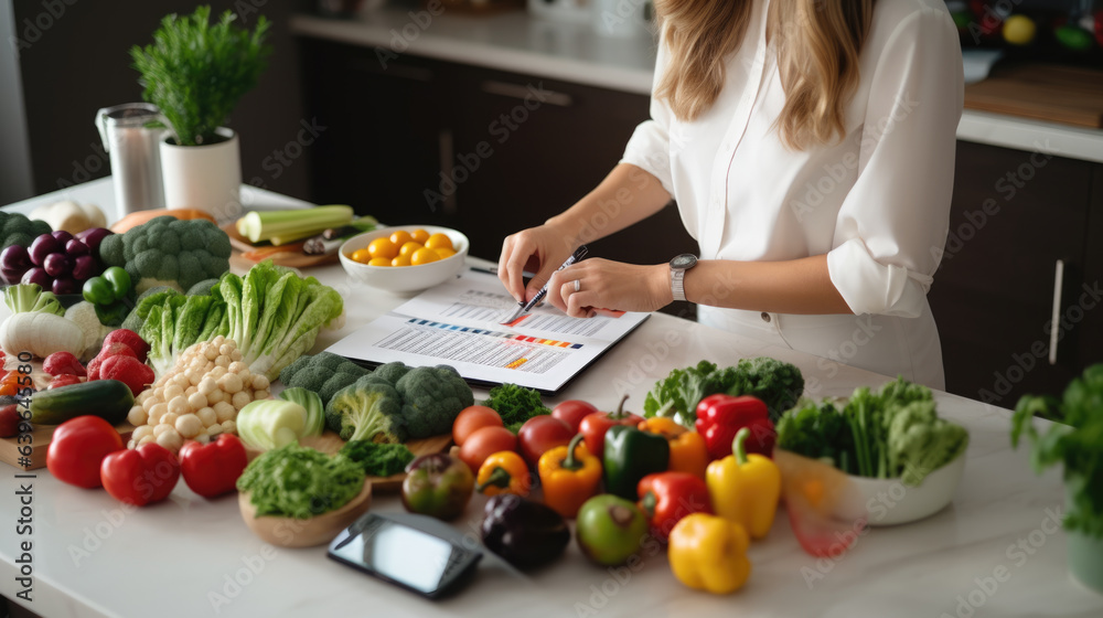 Woman prescribes herself a diet plan with vegetables spread out on the kitchen table. - obrazy, fototapety, plakaty 