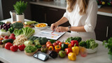Woman prescribes herself a diet plan with vegetables spread out on the kitchen table.