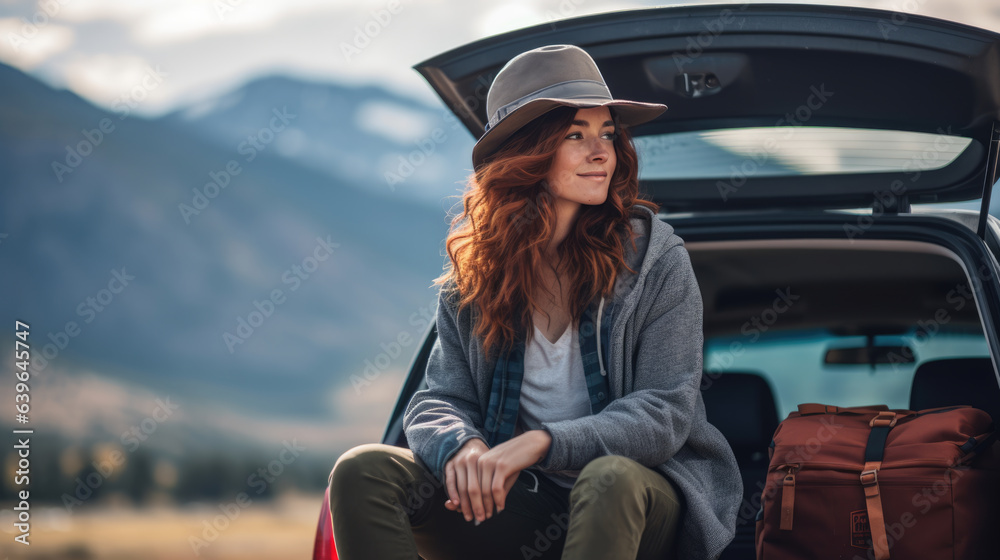 A woman in a hat sits on the trunk of a car and rests while traveling. Created with Generative AI technology.