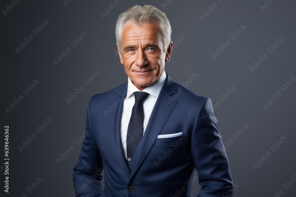a older businessman white hair in smile, in studio shoot grey background 