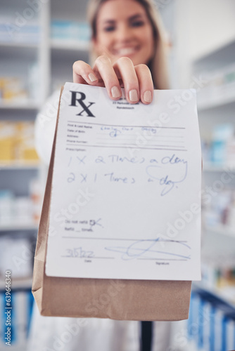 Bild auf Leinwand Pharmacy, hand and prescription medicine with paper in a bag for healthcare, drugs and pharmaceutical