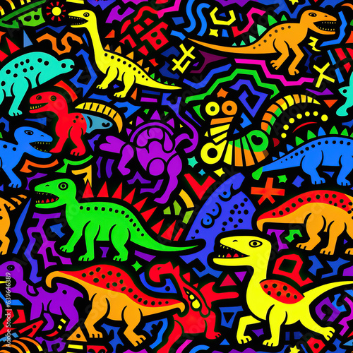 Dinosaur pattern, cute cartoon childish funny repeat dino doodles © Roman