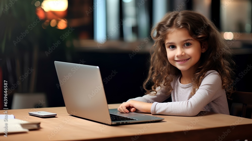 A smiling girl child is sitting at a table with a laptop. A smiling girl child is sitting at a table with a laptop.