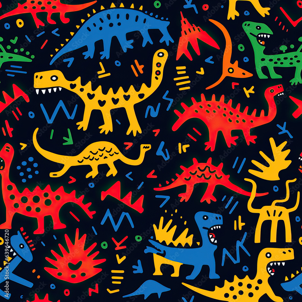 Dinosaur pattern, cute cartoon childish funny repeat dino doodles