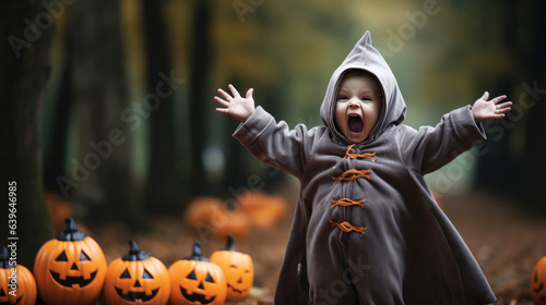 Little boy in witch costume having fun at Halloween trick or treat.