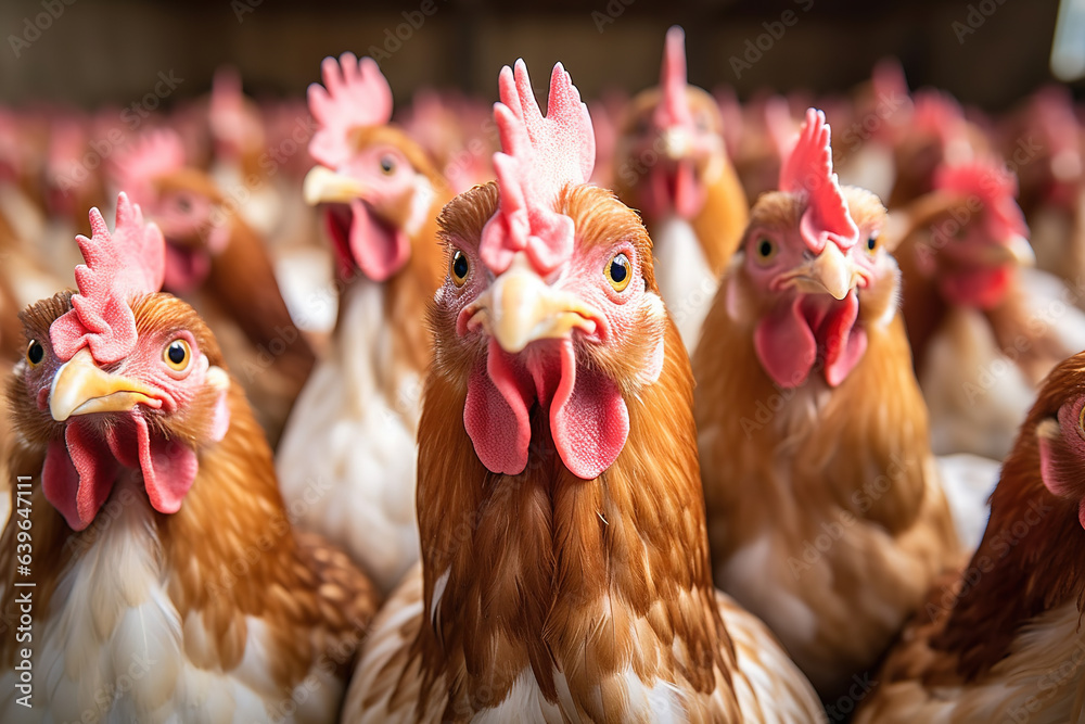 A group of chickens in animal husbandry - obrazy, fototapety, plakaty 