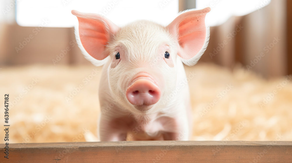 A pig cute newborn standing on a grass lawn. concept of biological , animal health , friendship , love of nature . vegan and vegetarian style A pig cute newborn standing on a grass lawn. concept of biological , animal health , friendship , love of nature . vegan and vegetarian style