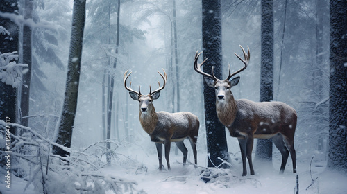 Noble deer male and female in winter snow forest looking to camera © arhendrix