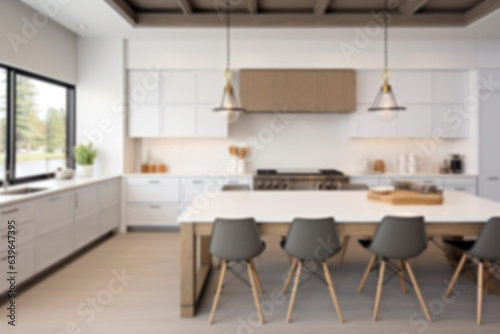 Blurred modern kitchen interior. Bright kitchen with dining table. Generative AI © Dinara