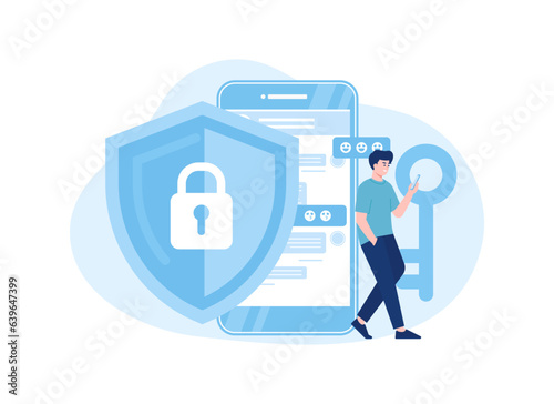 Message encryption key on the phone concept flat illustration