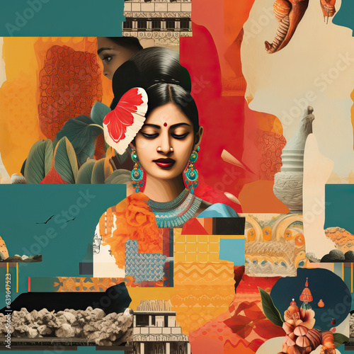 India culture cartoon art collage repeat pattern