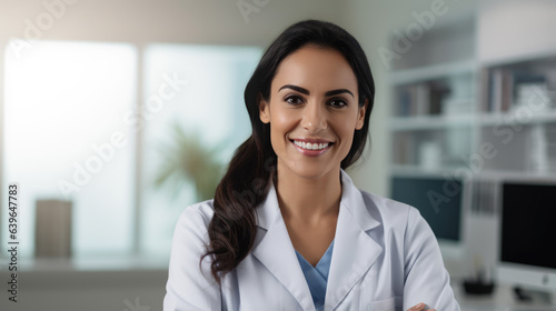 Portrait of beautiful woman doctor looking at camera at blurred hospital background.