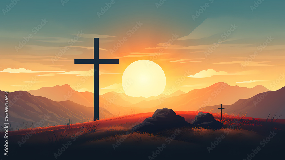 Silhouette christian cross on grass in sunrise background. Generative Ai
