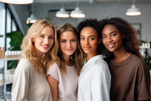 Group Of Four Women Of Different Races In A Workspace, Smiling At The Camera. Diversity Equity Inclusion Belonging (Deib). Ai Generated 