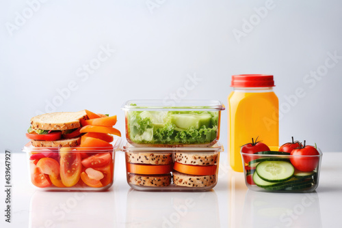 Lunchboxes with delicious food and glass of juice on white background