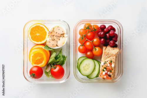 Lunchboxes with delicious food and glass of juice on white background