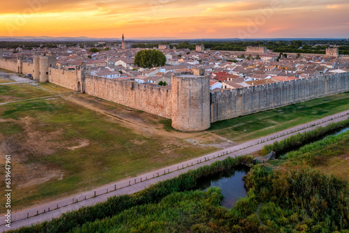 The ramparts and towers of historical Aigues-Mortes town in Camargue region, France