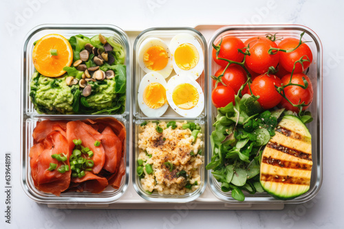 Lunchboxes with delicious food and glass of juice on white background