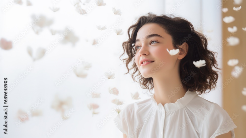 Fototapeta premium Beautiful portrait of a young woman ware whtie drees and smiling in the studio.