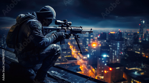 Night Vision Sniper on Rooftop Futuristic Warfare Game Illustration with Shooting Character AI Generated