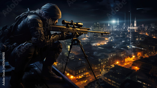 Sniper on Rooftop with Night Vision Scope in Game Art in City AI Generated