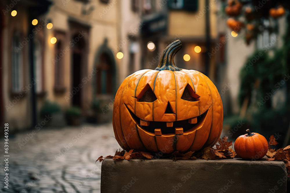 Fototapeta premium Halloween pumpkin in the old town background.