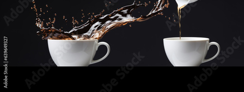 Splashes and bursts of hot flavoured coffee with steam, smoke in a white cup on a dark background. Created with Generative AI technology.