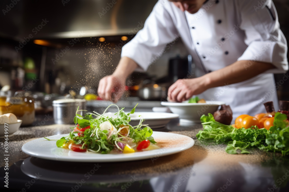 Close up of blurred male chef decorating french food in restaurant kitchen. Working concept suitable for cooking and working.
