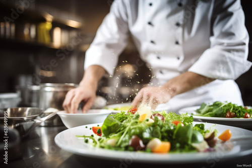 Close up of blurred male chef decorating french food in restaurant kitchen. Working concept suitable for cooking and working.