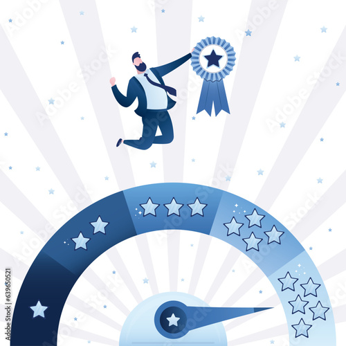 Businessman holds star and jumping. Arrow on measuring scale indicates highest rating. Best worker with award. Review, high quality product or service. Online survey, internet voting.