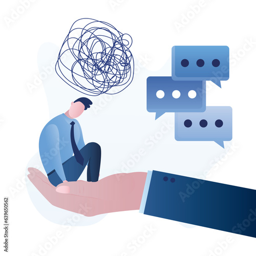 Unhappy man with mental problems sits on giant hand. Consultation with psychotherapist, psychological help. Therapy, medical care for nervous breakdown, depression