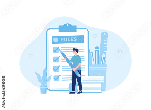 A man is filling out a list column concept flat illustration