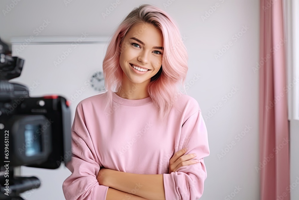 Caucasian Female Vlogger Backdrop Extremely Gorgeous Generative AI Caucasian Female Vlogger Backdrop Extremely Gorgeous Generative AI