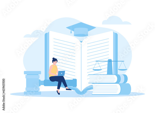 Woman is studying court law book concept flat illustration