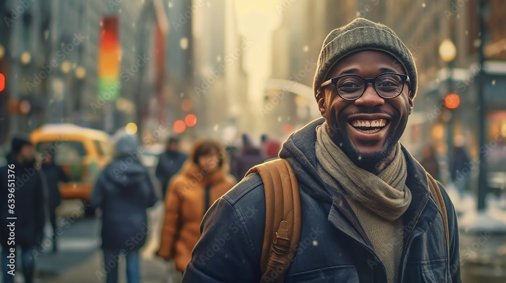 Moody portrait of a so happy black man in a urban street with cheerful atmosphere Moody portrait of a so happy black man in a urban street with cheerful atmosphere