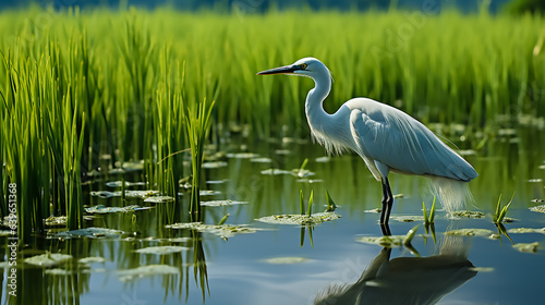 In a green rice field  there is an egret pecking at food  Medium Full  capture photography  abstract expressionism  32K  high resolution