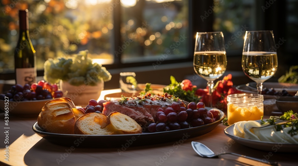 Thanksgiving table decor. Food and glasses with a drink at a festive feast.