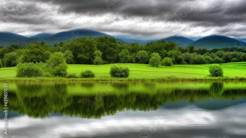 Landscape concept background scenic photorealistic nature trees reflection on water