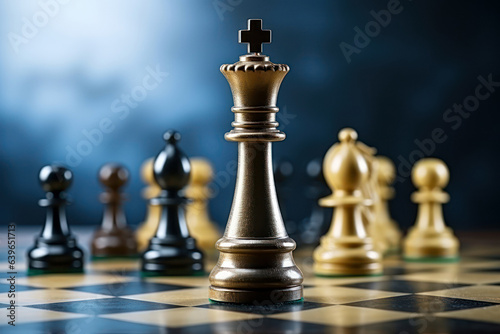 chess king in house, home living room or apartment in winner strategy, checkmate or board game success. Zoom, chessboard and winning pawn in thinking mind challenge or ...